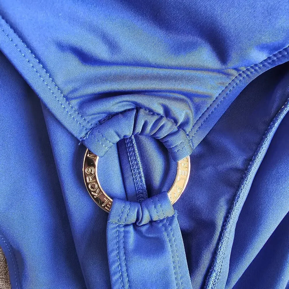 Michael Kors women's blue one-piece swimsuit gold logo ring one shoulder Size 10